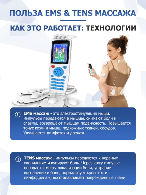 Массажер миостимулятор для тела FORTENGO EMS-200 4 канала, 16 программ, EMS/TENS, белый