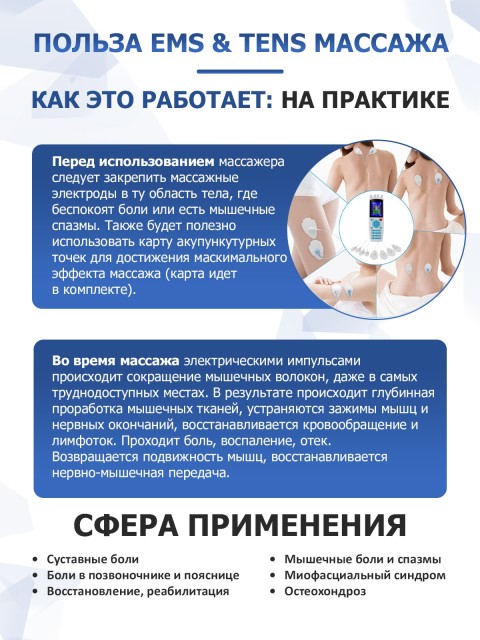 Массажер миостимулятор для тела FORTENGO EMS-200 4 канала, 16 программ, EMS/TENS, белый