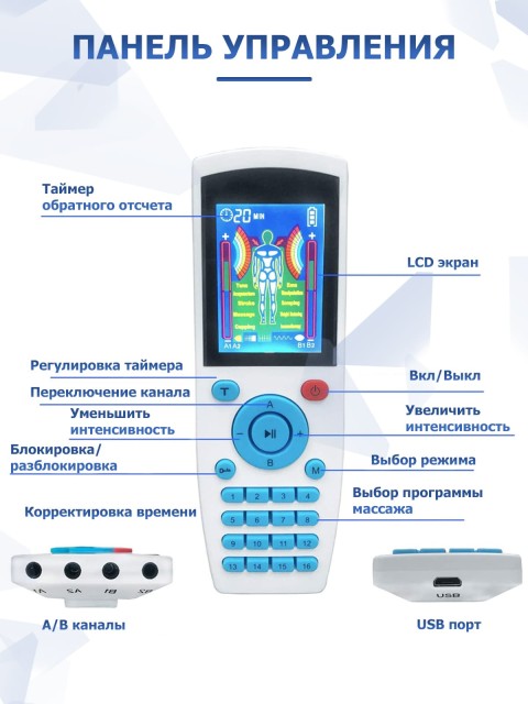 Массажер миостимулятор для тела FORTENGO EMS-200 4 канала, 16 программ, EMS/TENS, белый