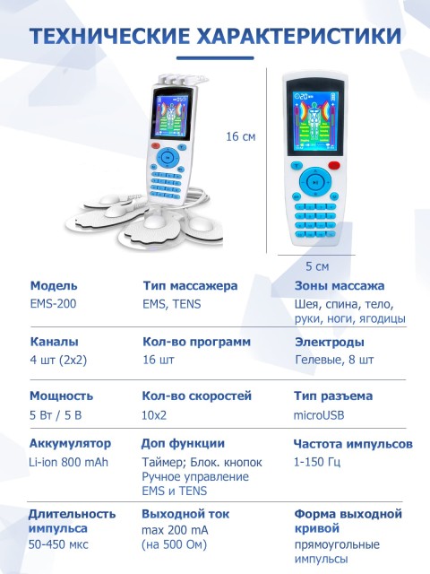 Массажер миостимулятор для тела FORTENGO EMS-200 4 канала, 16 программ, EMS/TENS, белый