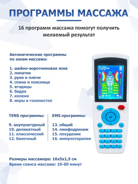 Массажер миостимулятор для тела FORTENGO EMS-200 4 канала, 16 программ, EMS/TENS, белый