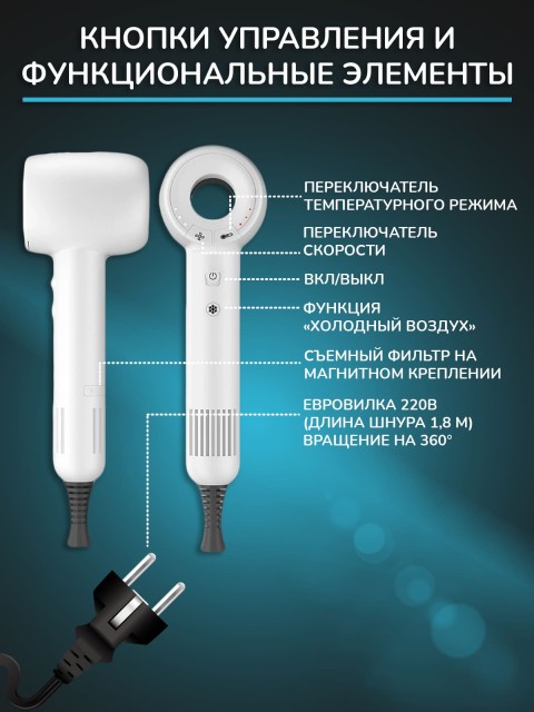 Фен для волос профессиональный FORTENGO SILVER STREAM SW-S9 1600 Вт, с ионизацией, белый