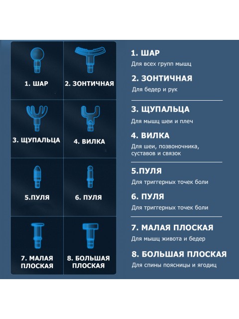 Перкуссионный массажер для тела FORTENGO MSG-021, 8 насадок, темно-синий