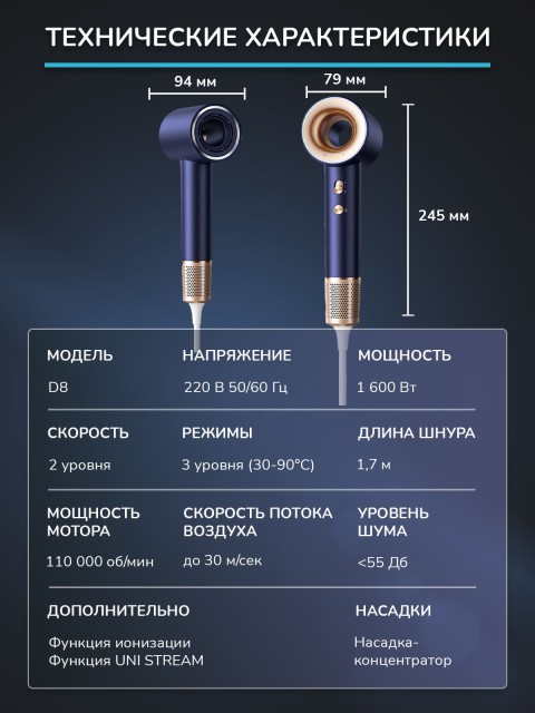 Фен для волос профессиональный FORTENGO SILVER STREAM D8 1600 Вт, с ионизацией, синий