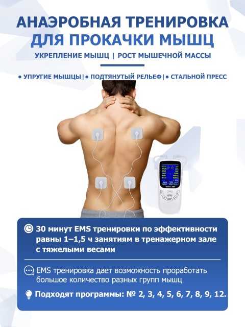 Массажер миостимулятор для тела FORTENGO EMS-120 2 канала, 12 программ, EMS/TENS, белый