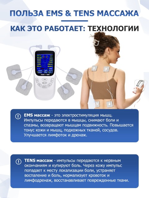 Массажер миостимулятор для тела FORTENGO EMS-120 2 канала, 12 программ, EMS/TENS, белый