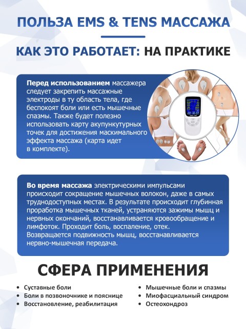 Массажер миостимулятор для тела FORTENGO EMS-120 2 канала, 12 программ, EMS/TENS, белый