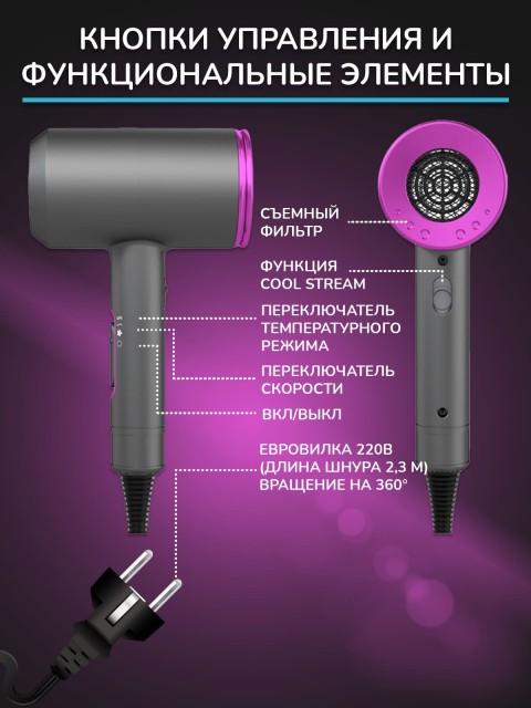 Фен для волос профессиональный с насадками, ионизацией FORTENGO AIR STREAM D087 2000 Вт, серый