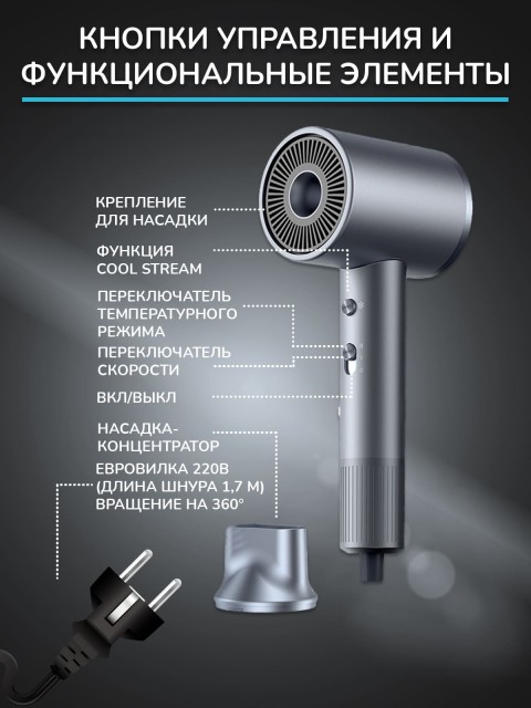 Фен для волос FORTENGO AIR STREAM D1 1400 Вт, с ионизацией, серый