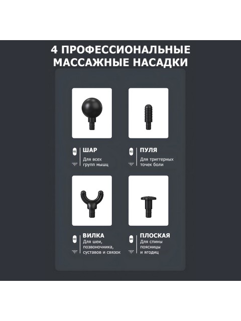 Перкуссионный массажер для тела FORTENGO MSG-012, 4 насадки, черный