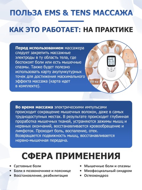 Массажер миостимулятор для тела FORTENGO EMS-130 2 канала, 36 программ, EMS/TENS, белый