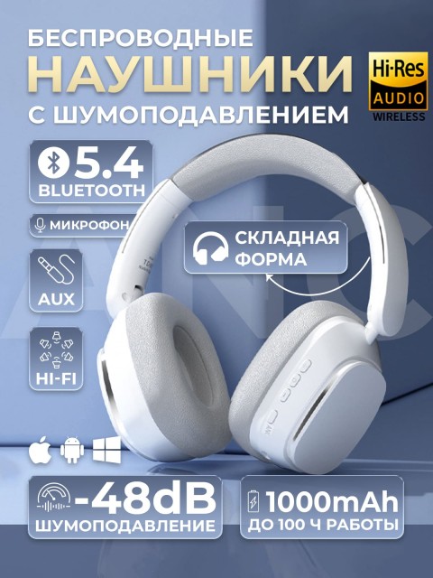 Наушники беспроводные большие FORTENGO TD-66 с шумоподавлением ANC, белые