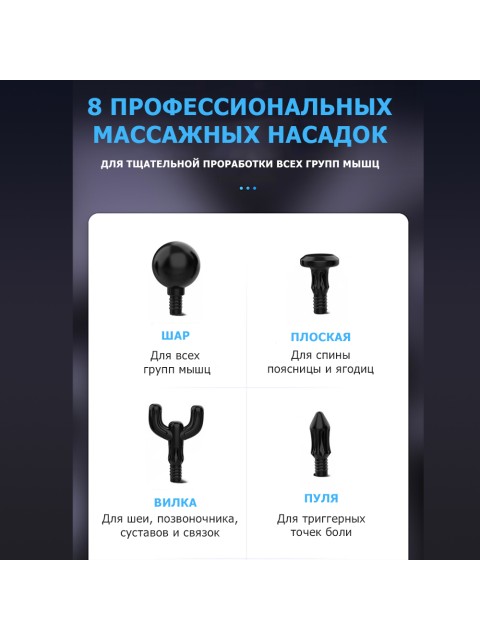 Перкуссионный массажер для тела FORTENGO MSG-013, 8 насадок, темно-серый