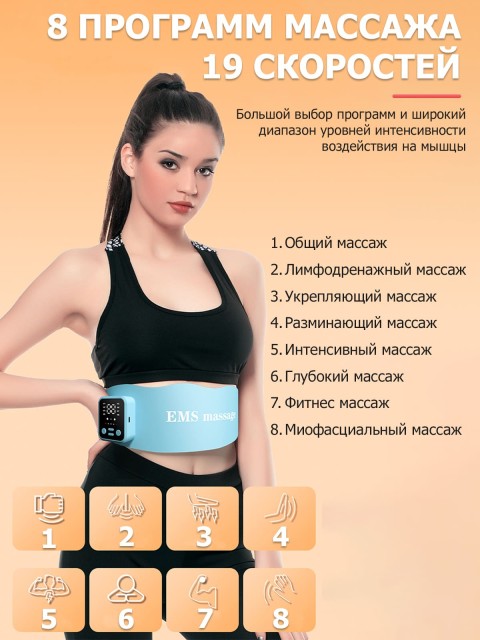 Пояс миостимулятор для тренировки пресса и похудения FORTENGO EMS-180, 8 программ, EMS, ИК прогрев, вибромассаж, пульт ДУ, универсальный размер, голубой