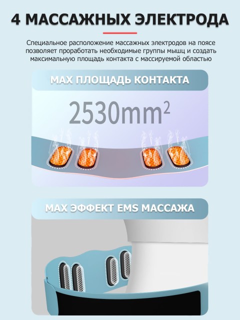 Пояс миостимулятор для тренировки пресса и похудения FORTENGO EMS-180, 8 программ, EMS, ИК прогрев, вибромассаж, пульт ДУ, универсальный размер, голубой