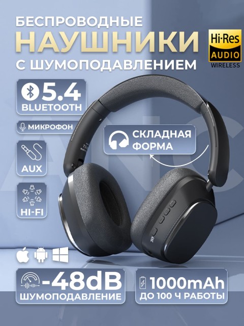 Наушники беспроводные большие FORTENGO TD-66 с шумоподавлением ANC, черные