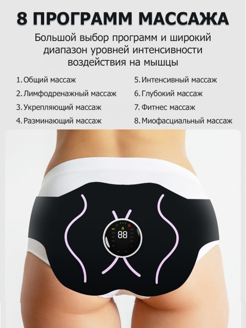 Миостимулятор для ягодиц FORTENGO EMS-050, 8 программ, ИК прогрев, пульт ДУ, универсальный размер, черный