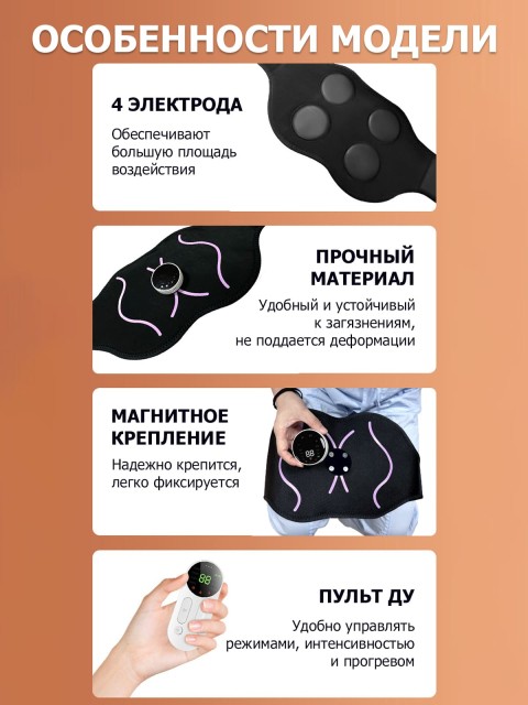 Миостимулятор для ягодиц FORTENGO EMS-050, 8 программ, ИК прогрев, пульт ДУ, универсальный размер, черный