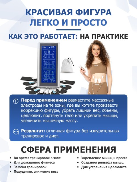 Массажер миостимулятор для тела FORTENGO EMS-450 2 канала, 36 программ, EMS/TENS, черный