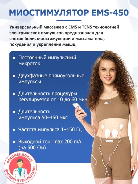 Массажер миостимулятор для тела FORTENGO EMS-450 2 канала, 36 программ, EMS/TENS, черный