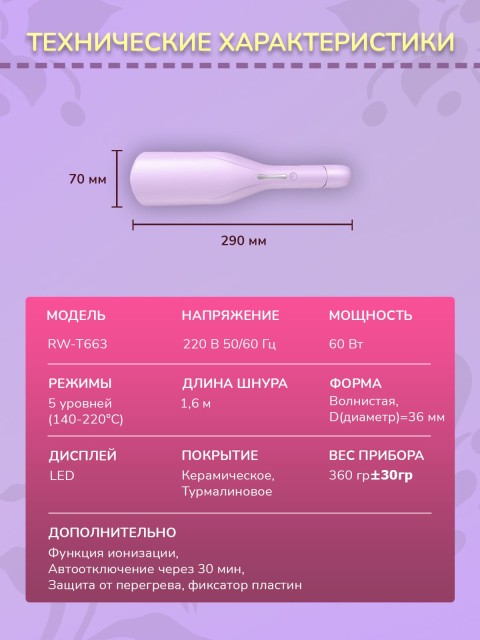 Плойка-волна для локонов FORTENGO IRON WAVE RW-T663, сиреневая