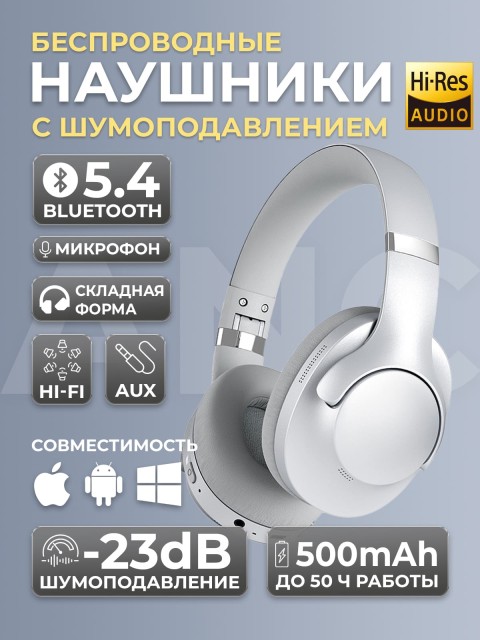 Наушники беспроводные большие FORTENGO BT048S с шумоподавлением ANC, серебристые