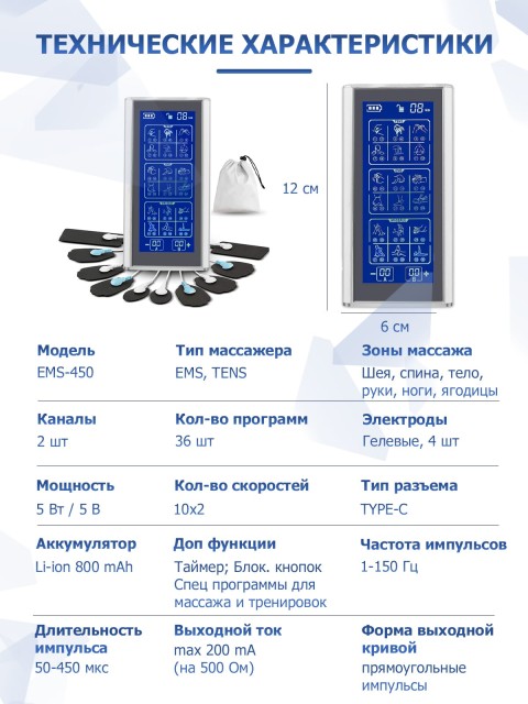 Массажер миостимулятор для тела FORTENGO EMS-450 2 канала, 36 программ, EMS/TENS, серебристый