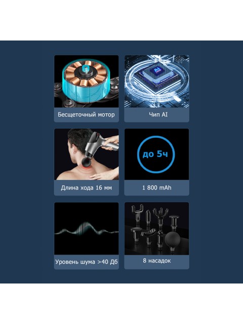 Перкуссионный массажер для тела FORTENGO MSG-011, 8 насадок, темно-серый