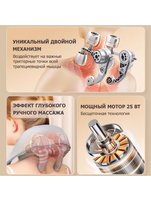 Массажер роликовый для шеи и плеч, электрический FORTENGO KZ0309 с щипковым механизмом и подогревом, беспроводной, серый