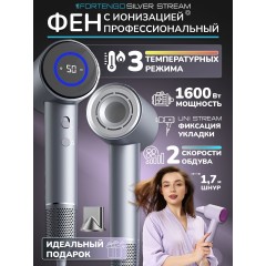 Фен для волос профессиональный FORTENGO SILVER STREAM D3 1600 Вт, с ионизацией, серый