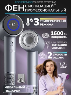 Фен для волос профессиональный FORTENGO SILVER STREAM D3 1600 Вт, с ионизацией, серый