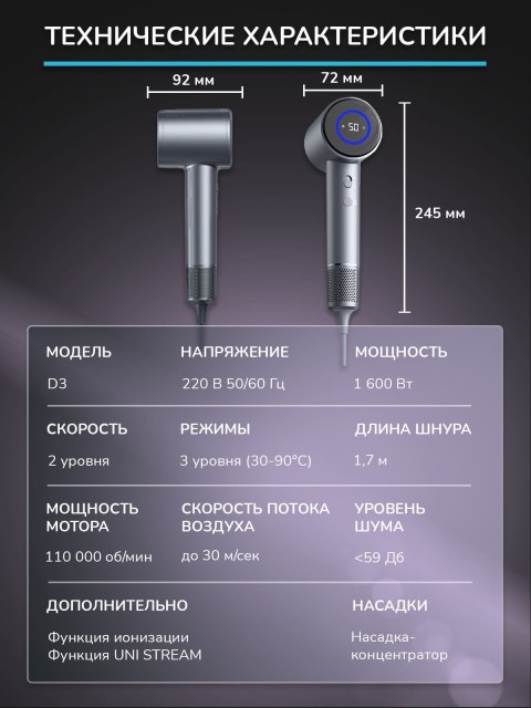 Фен для волос профессиональный FORTENGO SILVER STREAM D3 1600 Вт, с ионизацией, серый